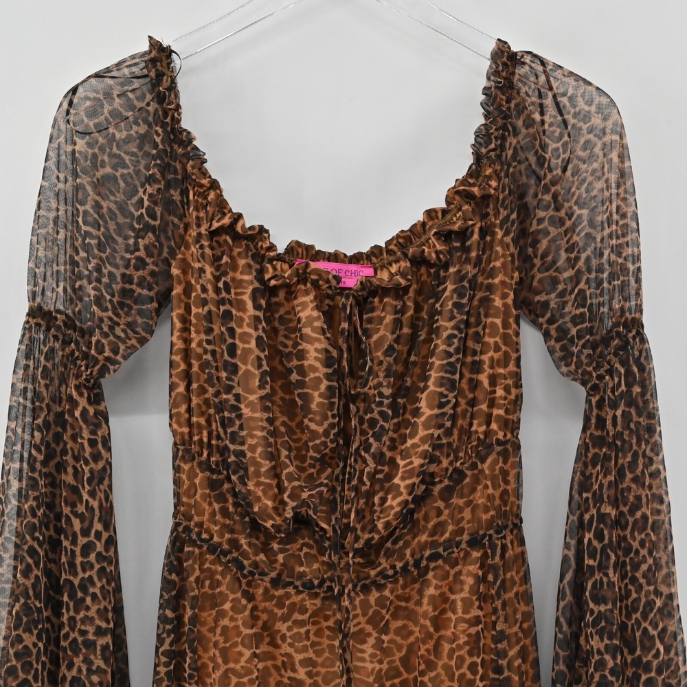 House of House of Chic Mesh Maxi Dress Womens Size S Brown Bell Sleeve Leopard - Picture 11 of 15